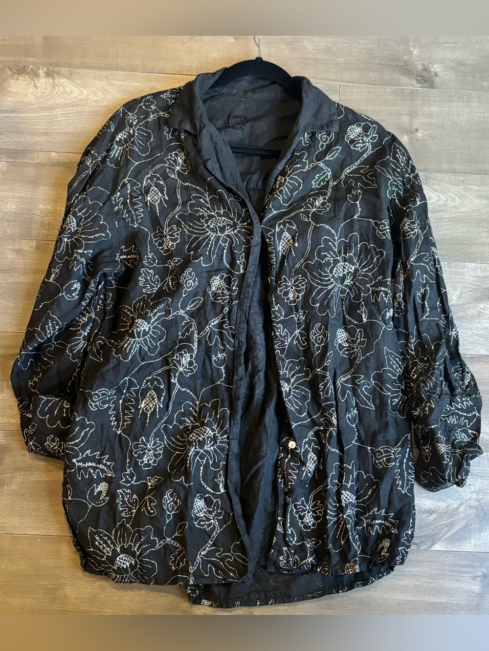 120% LINO Luxury Embroidered Italian Linen Button Down Shirt Black Size 8/10